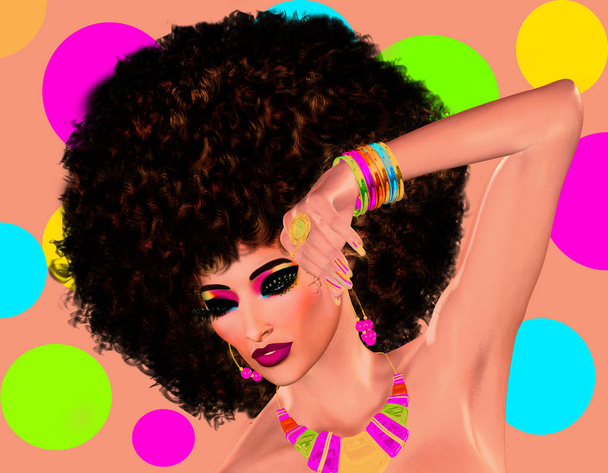 Afro frizura jelenet merész színek. Nő visel egy divatos, göndör Afro frizura, pózok, körök világos színű háttérrel. Az egyedülálló 3D-s renderelt digitális modell művészet divattervezés kiabál, bizalom, a szórakozás és a figyelem Haszonleső ember befest.  - Fotó, kép