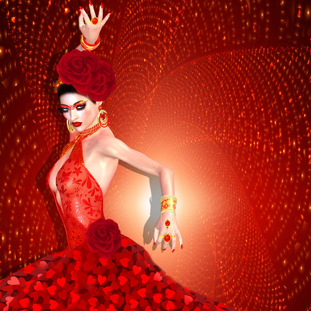 Dönen pırıltılı altın arka plan ile kırmızı kalp elbiseli seksi Flamenko dansçısı. Burada bizim benzersiz 3d ile yakalanan tüm dijital model sanat tasarımları işlenen Flamenko, gizem, baştan çıkarma ve güzellik vardır.  - Fotoğraf, Görsel