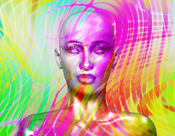 女性の顔のカラフルなポップアート イメージ。抽象的なパンク スタイル イメージを作成 3 d デジタル モデルをレンダリングされます。私たちのユニークなデザインは、あなたのプロジェクトで注目を得る! - 写真・画像
