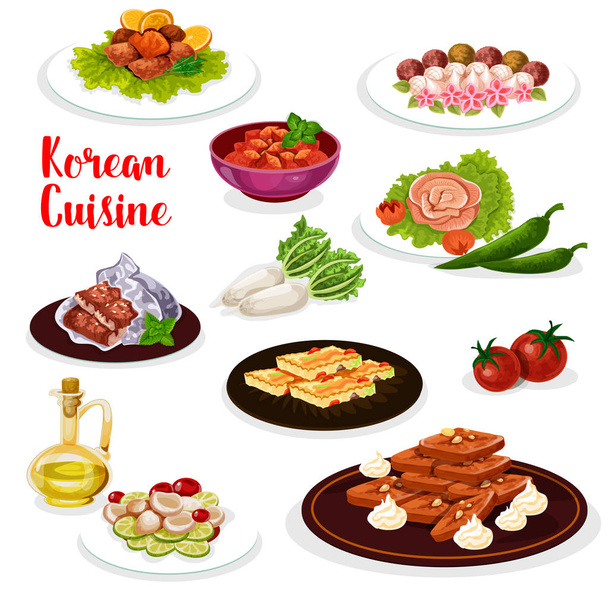 Икона корейской кухни из морепродуктов и овощных блюд
 - Вектор,изображение