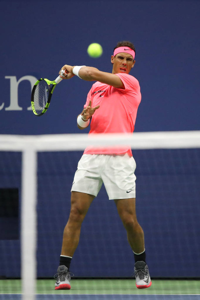 NEW YORK - AUGUST 29, 2017: Grand Slam champion Rafael Nadal of Spain in action during his US Open 2017 first round match at Billie Jean King National Tennis Center - Zdjęcie, obraz