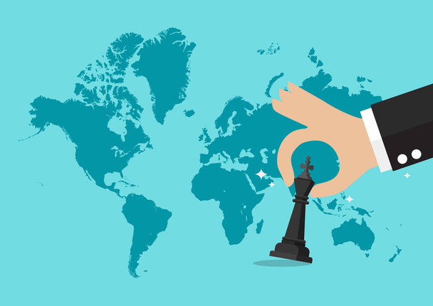 Hand holding chess figure with world map background. Business strategy concept - Vector, Image