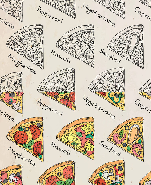 Hermoso patrón de pizza italiana. Seis rebanadas de Margarita, Hawaii, Pepperoni, Pizza vegetariana y mariscos
 - Vector, Imagen