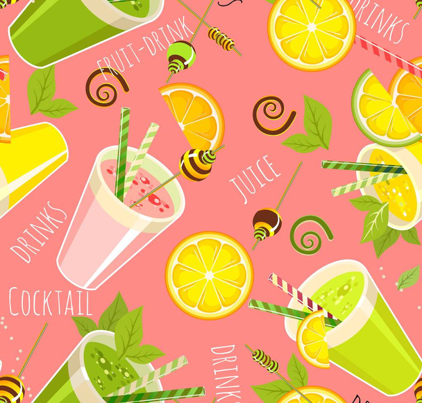 Vector image of a seamless pattern of detox cocktail for a healthy lifestyle in a glass with a straw - Vector, Image