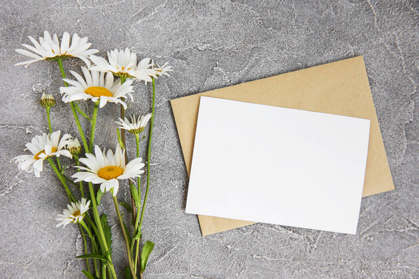 cartão branco branco branco e envelope com flores de camomila em um fundo de pedra cinza
 - Foto, Imagem