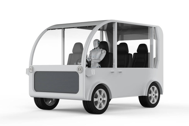 3d rendering robot driving mini bus on white backgroun - Photo, Image
