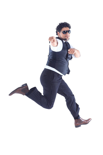 stylish DJ in sunglasses takes the dance break.photo on white background - Foto, Imagen