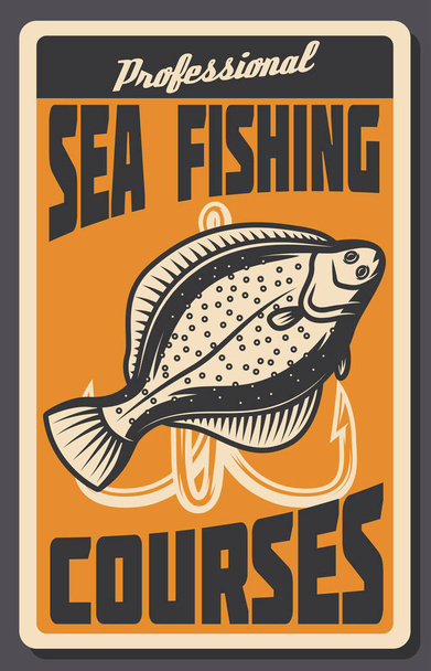 Sea fishing courses retro banner of fish and hook - Vector, Image
