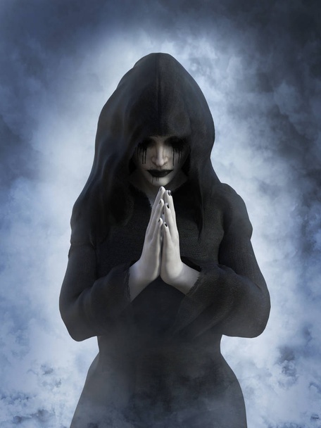 Representación en 3D de una monja fantasma o santa rezando con las manos juntas. Ella está rodeada de humo o nubes como si fuera un sueño o en el cielo
. - Foto, imagen