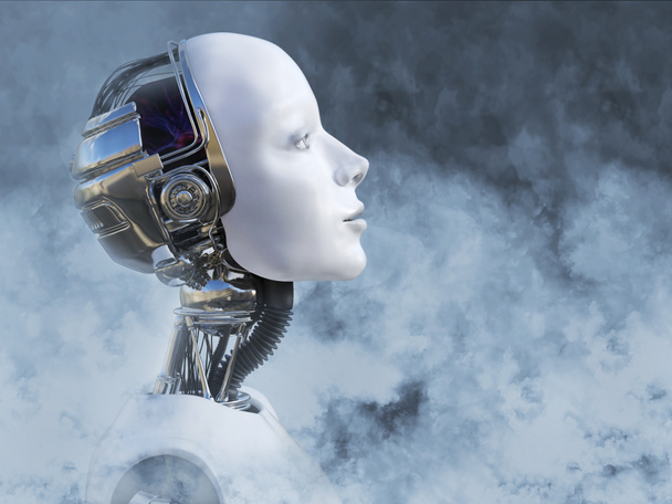 verträumtes Kopfporträt einer Roboterin, umgeben von Rauch, 3D-Darstellung - Foto, Bild