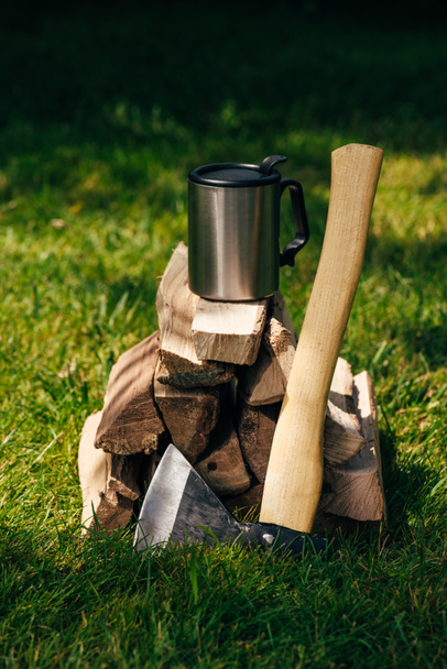 thermos bottle on pile of firewood on green grass in park - Foto, Imagem