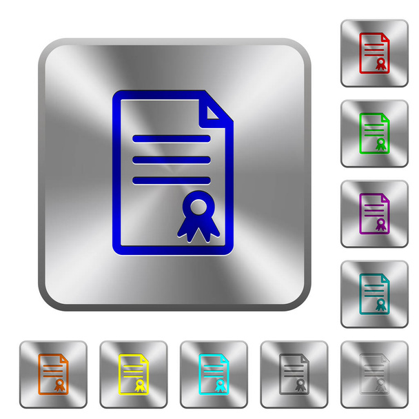 Certifikát dokument vyryto ikony na zaoblené ocelové čtvercové lesklá tlačítka - Vektor, obrázek