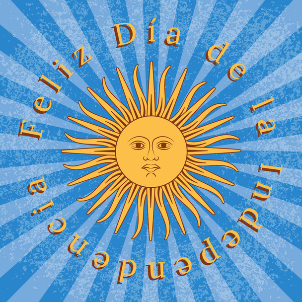 Ημέρα ανεξαρτησίας της Αργεντινής. 9 Ιουλίου, η έννοια της μια εθνική εορτή. Ήλιος του Μαΐου. Ακτίνες από το κέντρο. Κείμενο στα Ισπανικά - καλή ημέρα της ανεξαρτησίας. Φόντο grunge. - Διάνυσμα, εικόνα