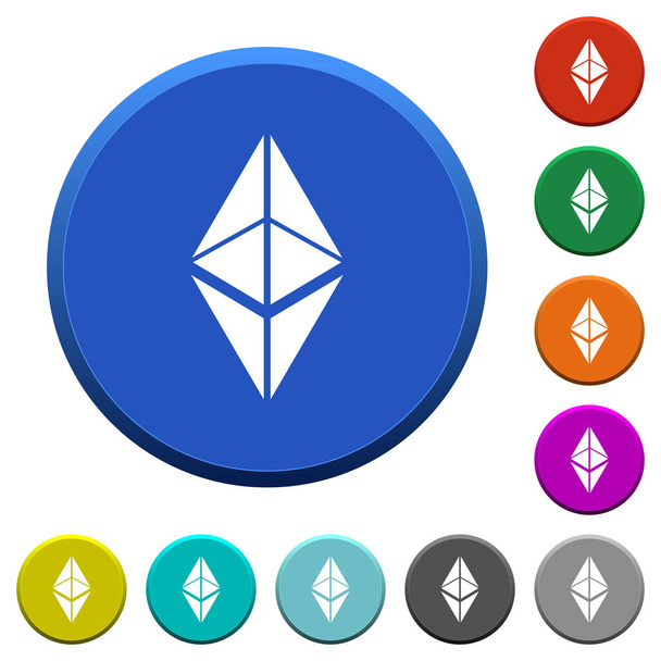 Ethereum klasszikus digitális cryptocurrency kör szín Fazettás szélű gombok a sima felületek és lapos fehér ikonok - Vektor, kép