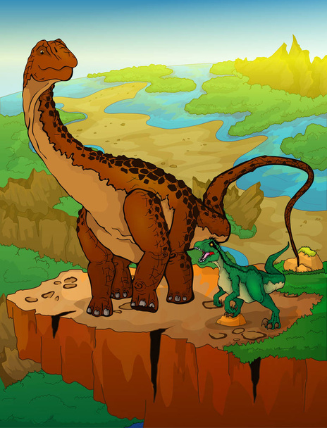 Diplodocus and raptor with landscape background.  - Vector, Image