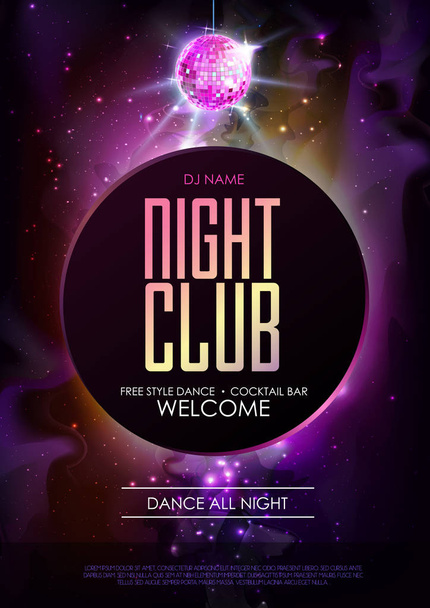 Disco ball background. Disco party poster on open space background. Night club - Vector, imagen