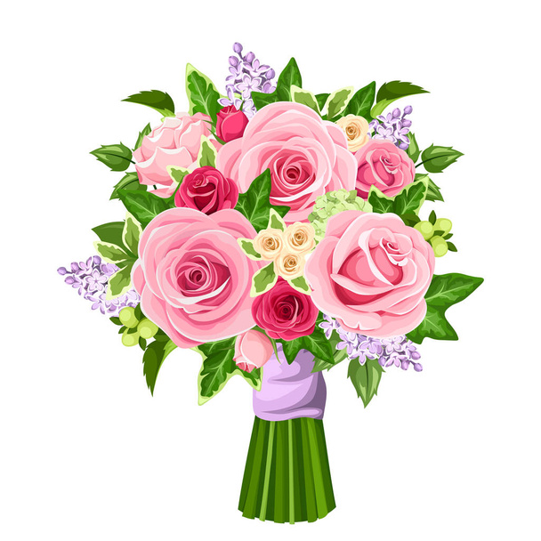 Vector bouquet of red and pink roses, lilac flowers and ivy leaves isolated on a white background. - Вектор,изображение