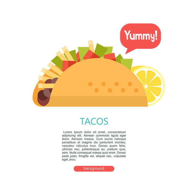 Taco's. Mexicaanse heerlijke fastfood in maïs tortilla's. Salade, vlees, tomaat, frietjes. Saus en citroen. Vectorillustratie in vlakke stijl. Er is ruimte voor tekst. Het menu sjabloon. - Vector, afbeelding