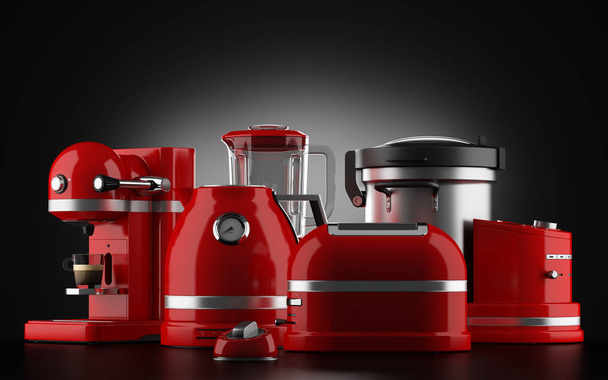 czerwona kuchnia AGD na czarnym tle. ilustracja 3D - Zdjęcie, obraz