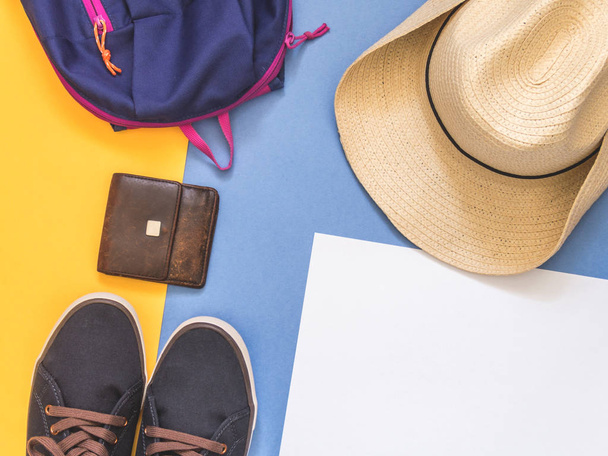 Flat lay traveler accessories on colored background with blank space for text. Top view travel or vacation concept. Summer background. - Fotoğraf, Görsel