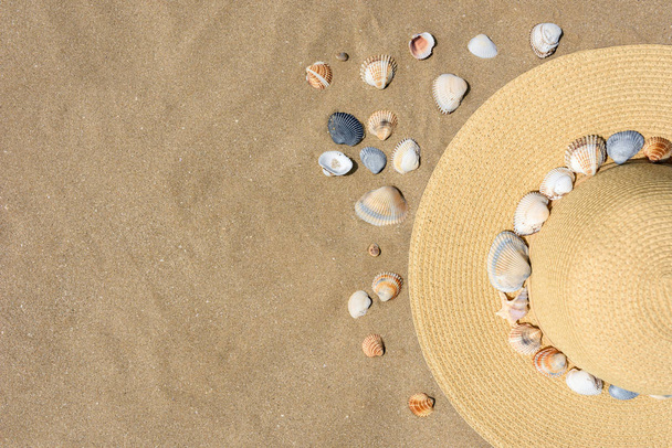 Cappello dal sole sulla sabbia della spiaggia, conchiglie. La consistenza della sabbia. Il concetto di vacanza al mare. Vista dall'alto, copia spazio
. - Foto, immagini