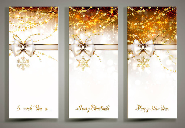 Ensemble de trois cartes de vœux festives avec ruban arc et brillance or inscription Joyeux Noël. Fêtes scintillantes Cartes de voeux de Noël
. - Vecteur, image