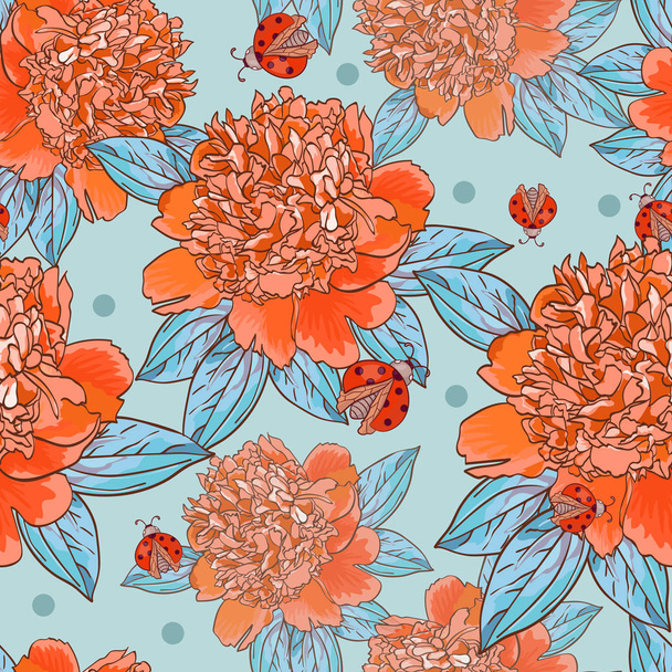 Roter Marienkäfer.Orange Pfingstrosen.Helle nahtlose Muster mit schönen realistischen Blumen auf hellem Hintergrund - Vektor, Bild