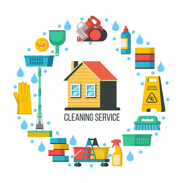 Cleaning service. Cleaning supplies are arranged in a circle. In the center of the circle is the house. Vector illustration. - Vector, Image