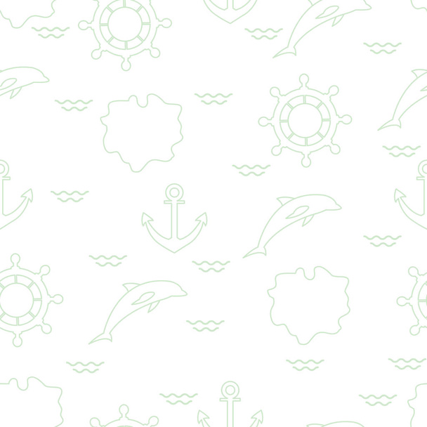 Απρόσκοπτη μοτίβο με τα δελφίνια, άγκυρες, τιμόνια, κύματα, νησιά. Καλοκαίρι αναψυχής. - Διάνυσμα, εικόνα