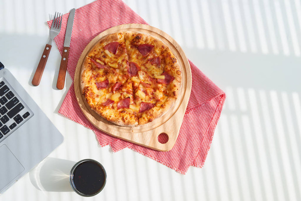 Delicious italian pizza served on wooden table - Fotoğraf, Görsel