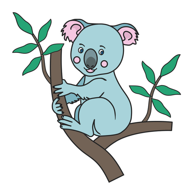Cute Koala sitting on a eucalyptus tree branches with green leaves.A wild tropical animal.An Australian marsupial bear.Isolated image on a white background.Vector illustration for children.Print - Вектор, зображення
