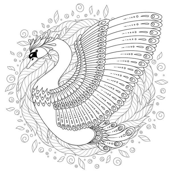 Hand drawn decorated swan in ethnic style isolated on white. Image for adult and children antistress coloring book, page, tattoo, decorate dishes, cups, porcelains, t-shirts, dresses, bags, tunics. - Vetor, Imagem