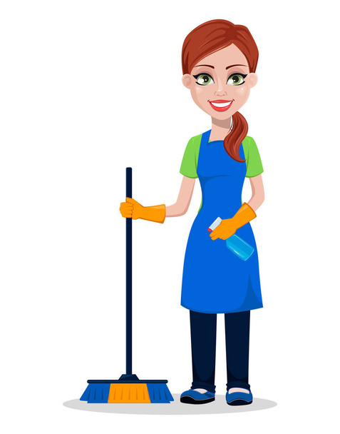 Personal de la empresa de limpieza en uniforme. Mujer personaje de dibujos animados limpiador sosteniendo cepillo y pulverizador. Ilustración vectorial
. - Vector, Imagen