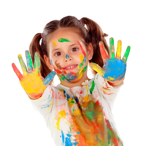 vicces lány kezet és arcot fedett festékkel elszigetelt fehér background - Fotó, kép