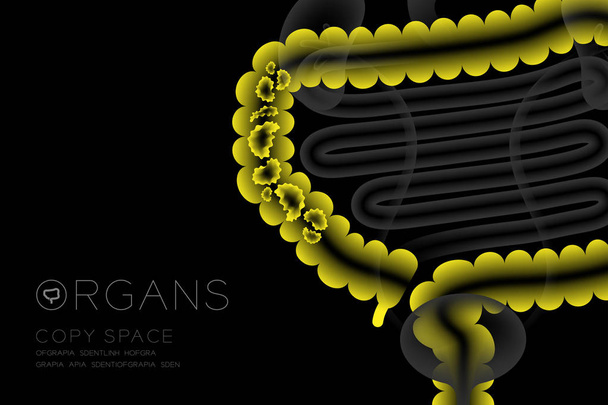 Людського органів рентгенівського набір, товстої кишки інфекції концепція ідея жовтий колір ілюстрації ізольовані світіння на темному тлі з органу текст значок і копію простір - Вектор, зображення