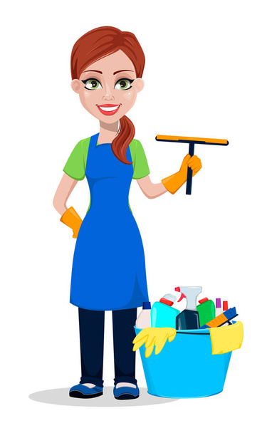 Siivoojat univormuissa. Nainen sarjakuvahahmo siivooja kaavin ja ämpäri täynnä pesuaineita. Vektorin kuva valkoisella taustalla
 - Vektori, kuva