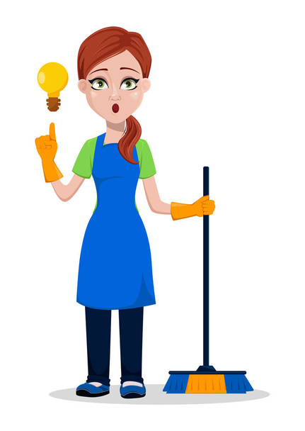 Personale della società di pulizia in uniforme. Donna personaggio dei cartoni animati più pulito con una buona idea. Illustrazione vettoriale su sfondo bianco
 - Vettoriali, immagini