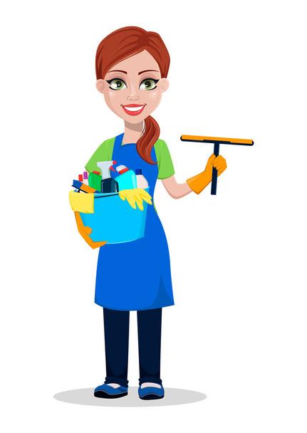 Čištění zaměstnanci firmy v uniformě. Žena kreslená postava čisticí drží škrabky a lopaty s čisticími prostředky. Vektorové ilustrace na bílém pozadí - Vektor, obrázek