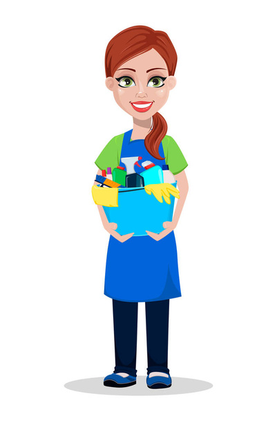 Cleaning company staff in uniform. Woman cartoon character cleaner holding bucket with detergents. Vector illustration on white background - Vector, Image