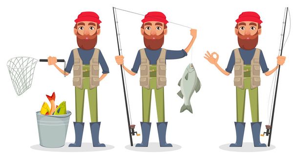3 つのポーズのフィッシャー漫画文字セット。釣り竿のとバケツと釣竿と魚の漁師。ベクトル図 - ベクター画像