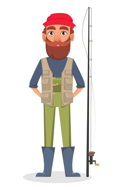 Fisher cartoon character. Fishermen standing near fishing rod. Vector illustration on white background - Vector, imagen