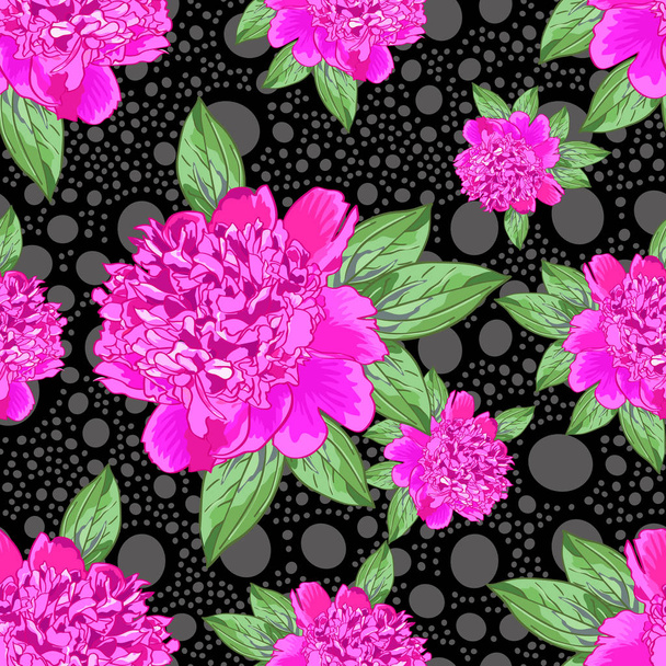 Pink peony.Seamless pattern with beautiful realistic flowers on a black background with grey circles. Green leaves.Can be used for print textile,fabric,wrapping paper. - Вектор, зображення