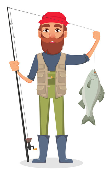 Фішер мультиплікаційний персонаж. Рибалки проведення вудку, з спійманої риби. Векторні ілюстрації на білому тлі - Вектор, зображення