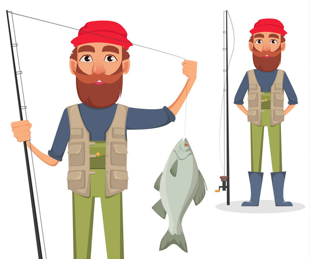Fisher χαρακτήρα κινουμένων σχεδίων, ορίστε. Ψαράδες με ψάρι και με καλάμι. Εικονογράφηση διάνυσμα - Διάνυσμα, εικόνα