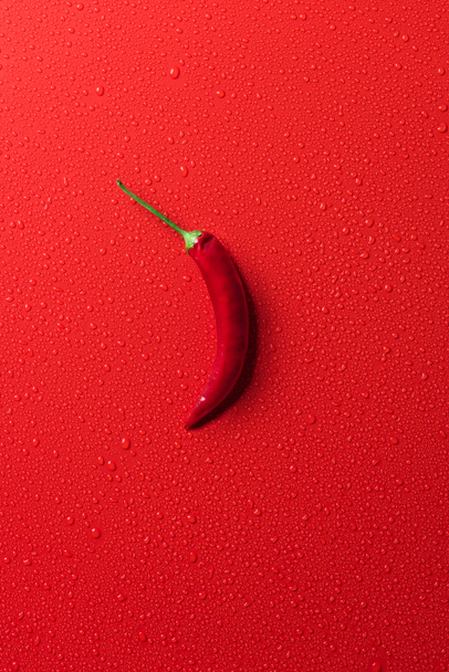 ylhäältä näkymä yksi punainen chili pippuri punaisella pinnalla vesipisaroilla
 - Valokuva, kuva