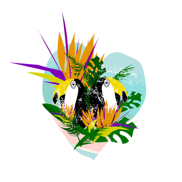 Aranyos vektor kollázs toucan Bird, strelizia virág, palm hagy szív háttér seascaped alakja. A trópusi nyár illusztráció - Vektor, kép
