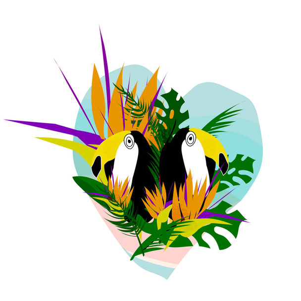 Cute vector collage with toucan bird, strelizia flower, palm leaves on seascaped shape of heart background. Tropical summer illustration - Vector, Image