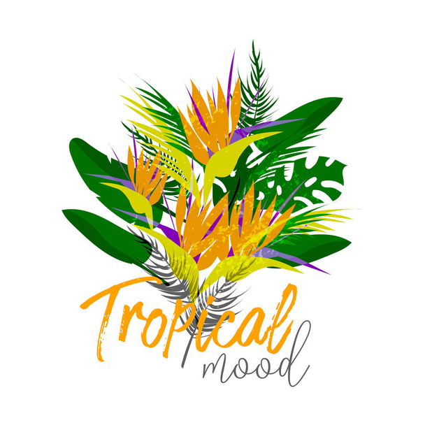Tropical vector floral collage bouquet of different palm leaves, exotic strelitzia flower in colorful flat collage style. Decoration elements for invitations, greeting cards, wedding, apparel, t shirt print, etc - Vector, Image