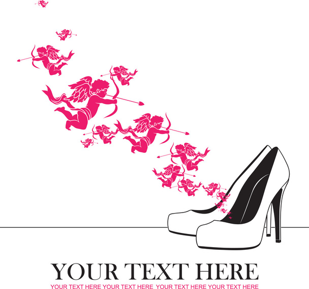 Vector illustration of a high-heeled shoes and cupids. - Διάνυσμα, εικόνα