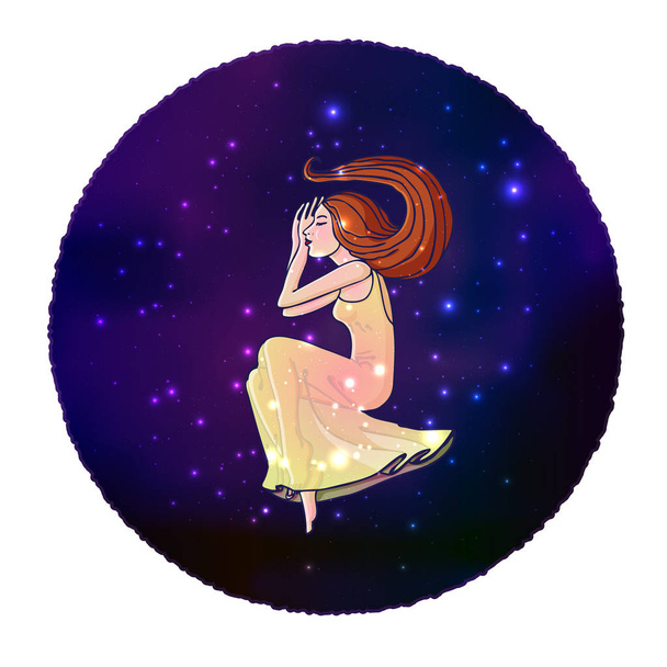 Cartoon style young woman flying in space - Vector, Image